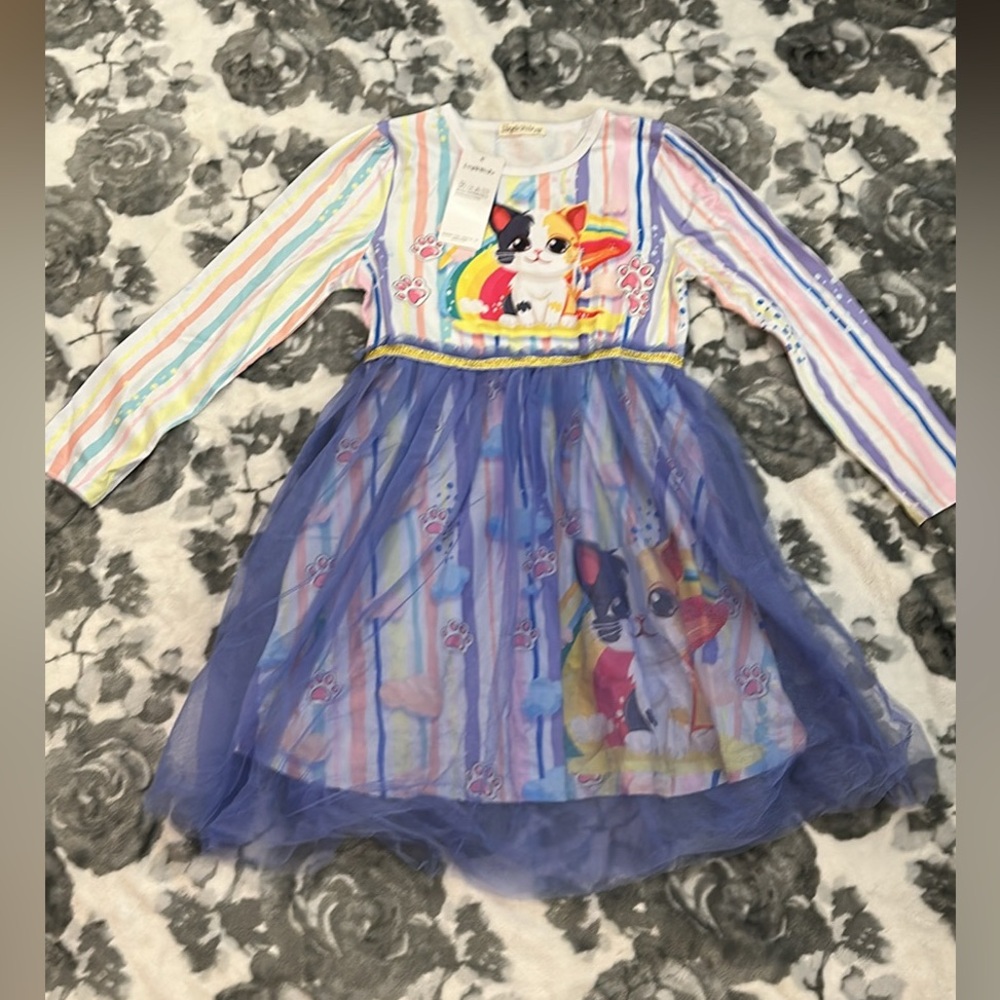 Amazon Striped Rainbow and Blue Tulle Kids Dress